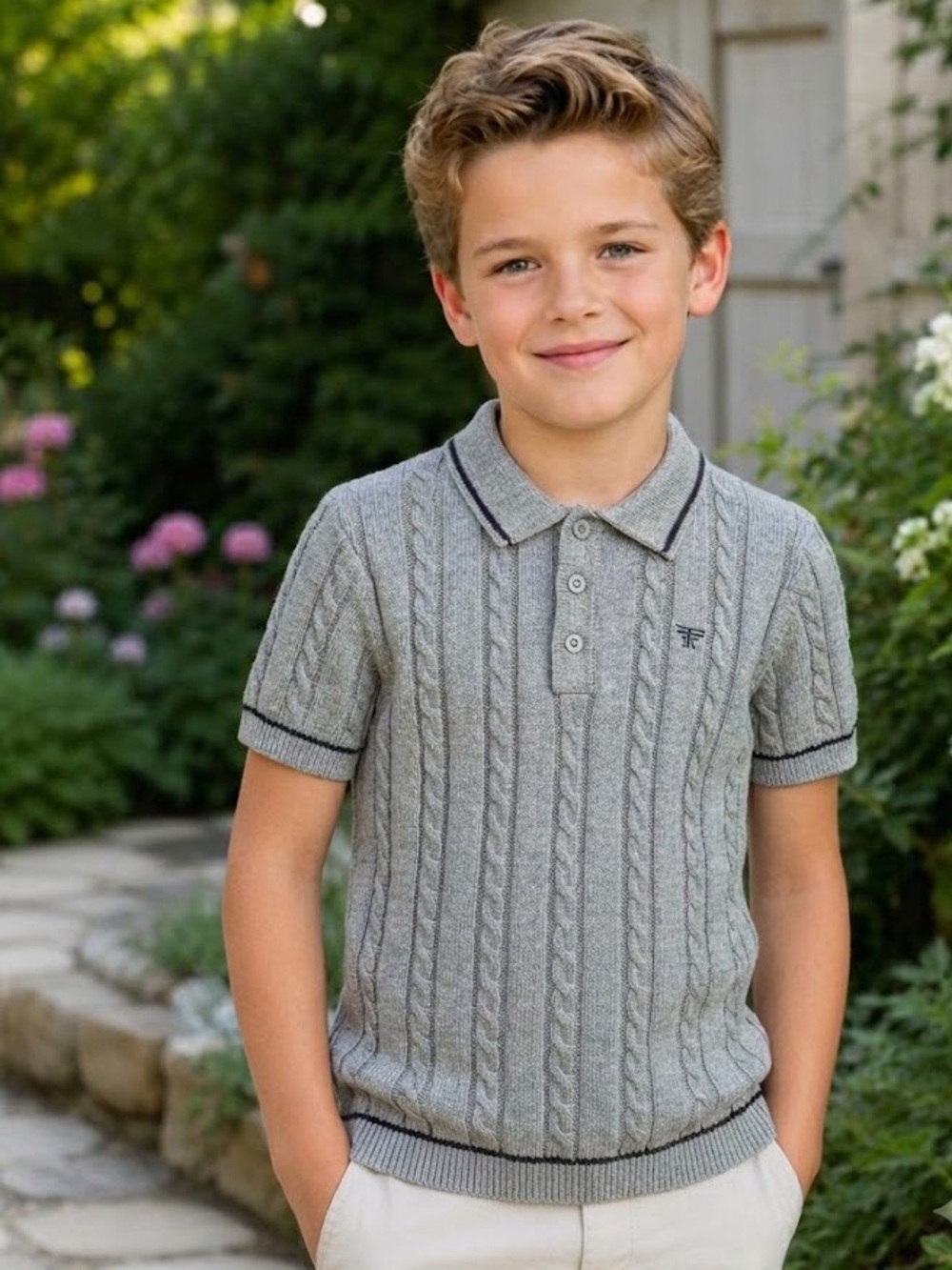 Tahari Boy Gray Cable-Knit Polo Shirt